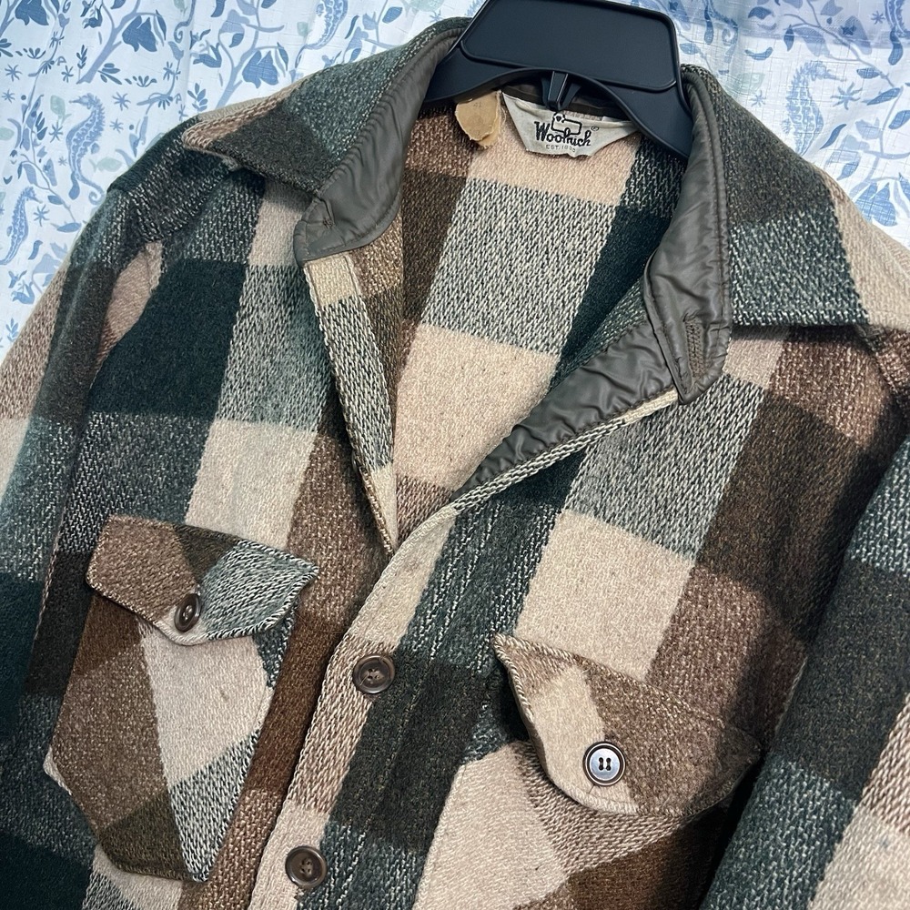 VTG Woolrich Wool Flannel Shirt M Green Beige Shacket Buffalo 60s 70s